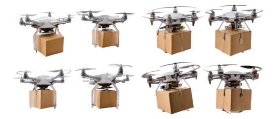 Delivery Drones Carrying Packages Ready for Shipping and Logistics, Isolated on Transparent, white background