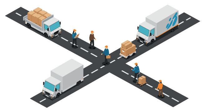 Isometric logistics scene with delivery trucks and workers on crossroads