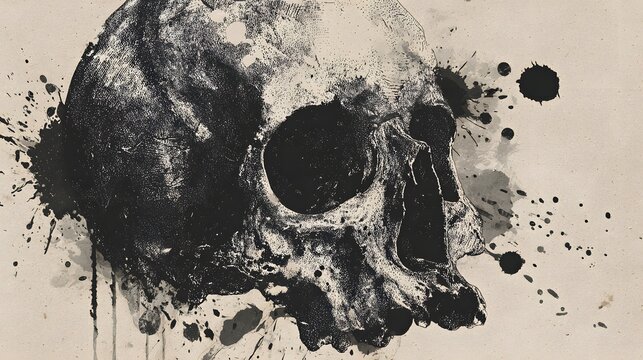 Dark, distressed human skull rendered in aggressive black ink splatter style