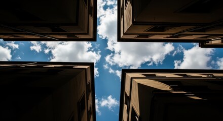 Looking up at sky between urban buildings with cloudy blue sky