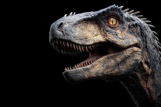 Realistic depiction of indominus rex displayed against a solid black background showcasing its intricate details and fierce expression