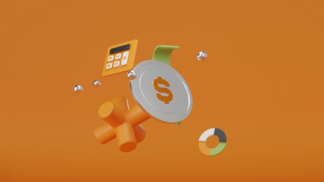 Abstract 3D motion graphics featuring a silver dollar coin, geometric shapes, calculator, and dynamic green arrow on an orange background. Financial growth and profit calculation concept