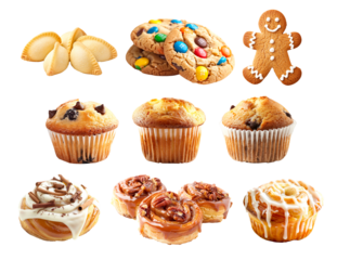 Various baked goods including muffins, cookies, and pastries isolated on white background. Concept of fresh bakery.