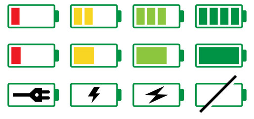 Battery icon set in black and colours. Colourful style vector icons. Battery charge indicator. Battery level, energy, full. Power low up status batteries logo. vector icons. 