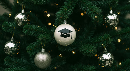 Christmas tree with graduation cap ornament, celebrating education and achievement during holiday season