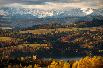 Autumn Landscape with Snow-Capped Tatra Mountains, Poland. Sunrise over the mountains. Panorama of Tatra Mountains
