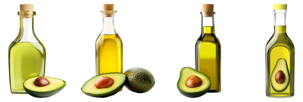 Fresh Avocado Oil Bottles and Sliced Avocado on White Background, Isolated on Transparent Background