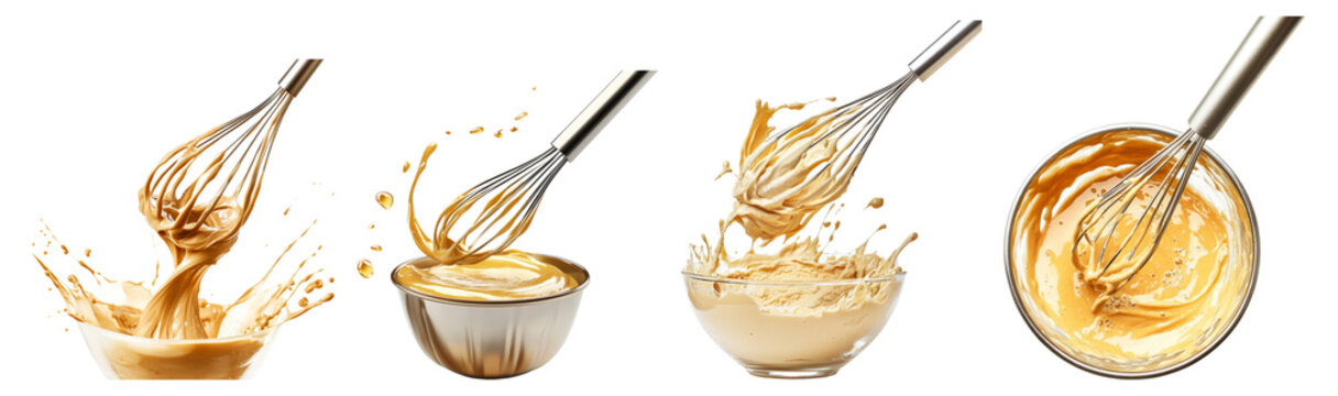 Whisking Process of Creamy Mixture in Various Bowls with Splash, Isolated on Transparent Background