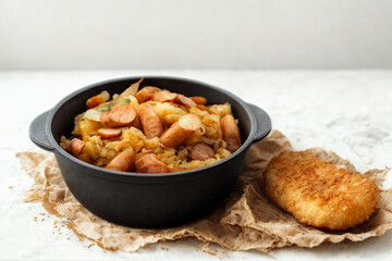 Hearty stew in a black pot with a side of fried bread