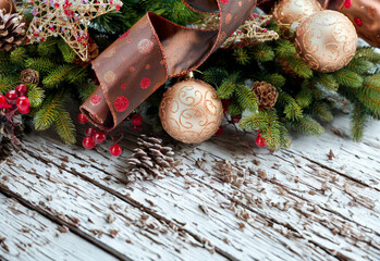 Rustic christmas garland with ornaments and pinecones on wood