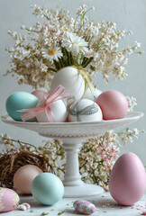 Pastel easter eggs and delicate spring flowers on a pedestal