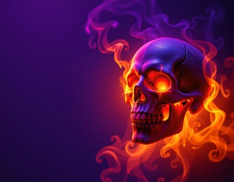 A glowing skull with fiery orange flames emanating from it, positioned against a purple background.