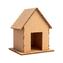 A three dimensional handcrafted cardboard house model with an open doorway on a plain black background