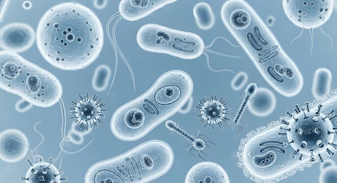 Illustration of various bacteria and viruses on blue background