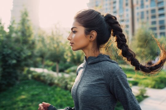 Middle Eastern woman with long braided hair enjoying a healthy lifestyle outdoor run in a beautiful green park during a sunny day - Powered by Adobe