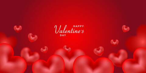 Happy Valentine&rsquo;s Day Banner with Floating Red Hearts &ndash; Romantic Red 3D Glossy Love Background for Celebration and Greeting Design