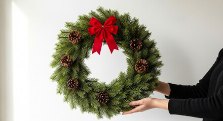 Hands holding wreath made of pine branches with red bow and pinecones, Christmas decoration and festive home decor