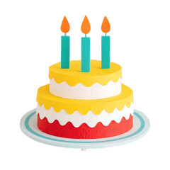 A Festive Two Tiered Birthday Cake with Three Teal Candles Topped with Orange Flames Standing Proudly