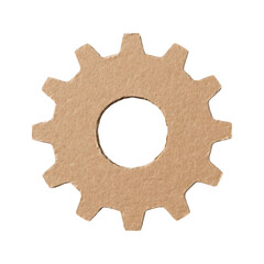 A single cogwheel cutout made of cardboard material with a rustic texture isolated on a transparent background in a realistic 3D render