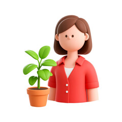 Stylized 3D female character nurturing a vibrant green potted plant symbolizing growth and care