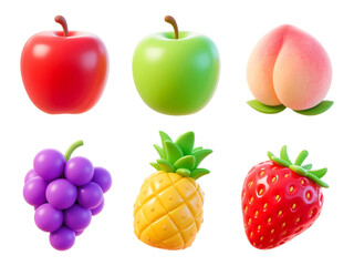 A Collection of Six Realistic 3D Rendered Fresh Fruits Isolated on a Transparent Background