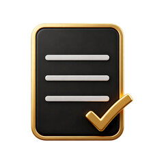 A Realistic 3D Rendered Checklist Icon with a Golden Border and a Completed Task Checkmark Isolated on a Transparent Background