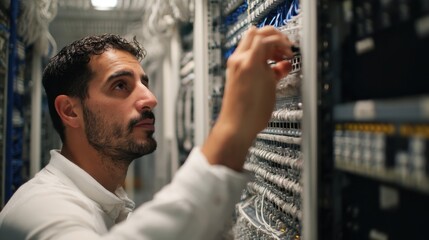 Skilled Middle Eastern Technician Carefully Inspects and Manages Complex Server Room Data Center Networking Cables