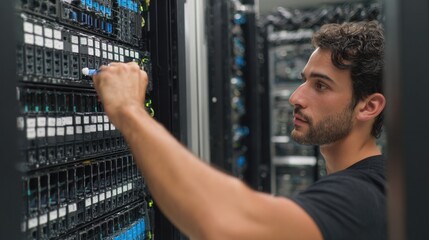 A Middle Eastern man is working in a server room connecting cables to a large rack of sophisticated computer equipment with many blinking lights and wires