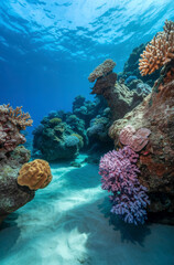 A mysterious background of deep-sea coral reefs with glowing marine life and dark blue waters