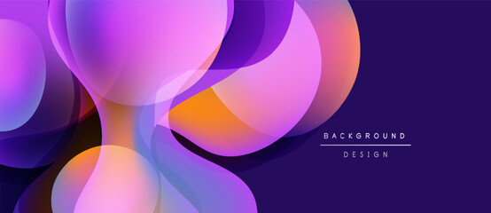 Abstract fluid shapes overlap, creating vibrant purple, pink, orange gradients. Modern design, dark background enhances color contrast.