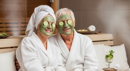 Relaxed senior couple enjoying spa treatment with cucumber slices on eyes.