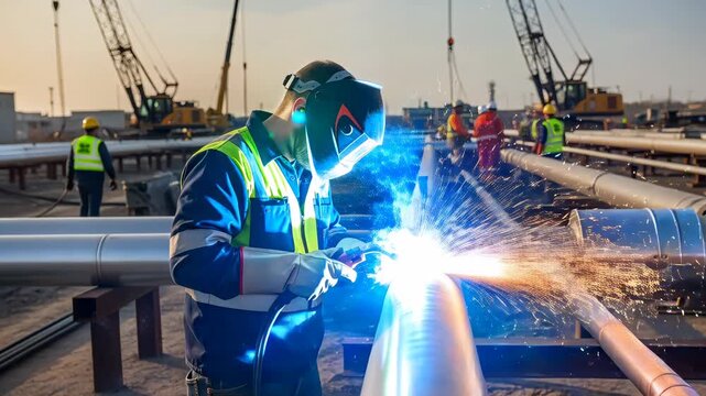 Man welding gas pipeline infrastructure. Worker installing industrial pipeline system for city gas supply construction site. Industrial footage.