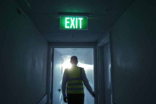A lone figure in a high-visibility vest walks through a dimly lit corridor towards a bright green illuminated exit sign - Powered by Adobe