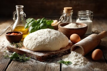 Pizza dough ingredients arranged on a rustic wooden table, showcasing flour, eggs, olive oil, herbs, and tomato paste beside fresh basil and measuring jars