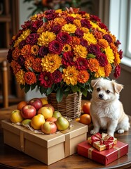 Cute white puppy sitting beside autumn flowers and gift boxes  