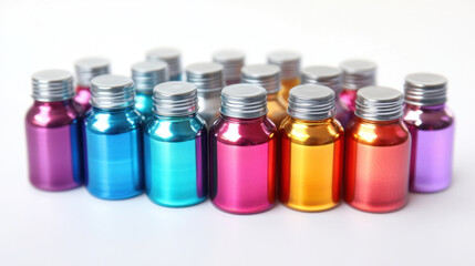 Colorful metallic bottles arranged on a white surface, vibrant and eye-catching. shiny bottles in various colors create a visually appealing and modern aesthetic.