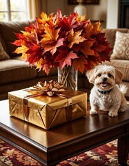 Small dog sitting next to golden gift box and autumn leaves decoration  