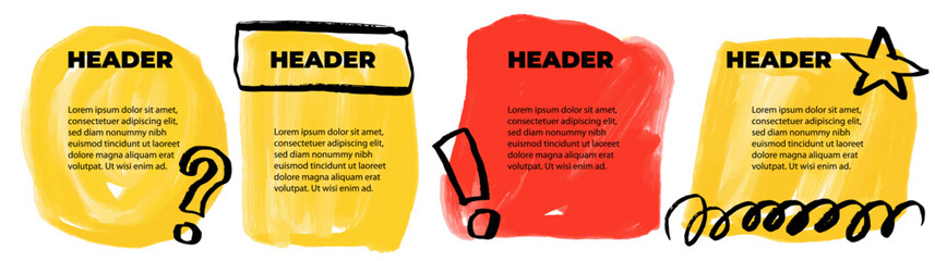 4 hand drawn text boxes. Set of paint spots. Empty design template. Data visualization. Design element for presentation with copy space. Hand drawn question mark, exclamation mark, star