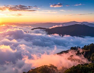 A breathtaking landscape depicts a mountain range blanketed in fluffy, low-lying clouds as the sun rises, casting a warm glow