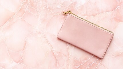marbel. A pink cosmetic bag with a gold zipper rests on a smooth marble surface. lifestyle magazines, social media lookbooks, designed for influencer and brand collaborations.