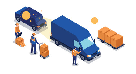 Delivery process with workers unloading boxes near blue vans in isometric style