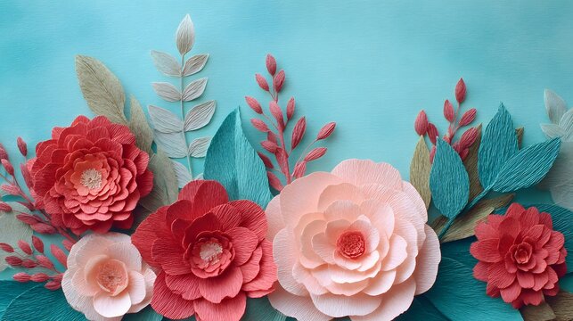 Layered paper blossoms and foliage create a textured border against a bright turquoise background