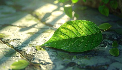Green leaf on stone surface with sunlight and forest background for editorial nature photography wellness decor and poetic grounding-themed visuals