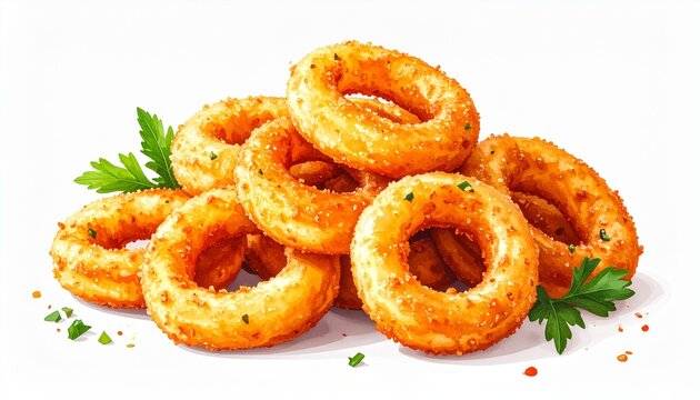 Golden crispy onion rings garnished with parsley for editorial culinary photography comfort food decor and poetic indulgence-themed visuals