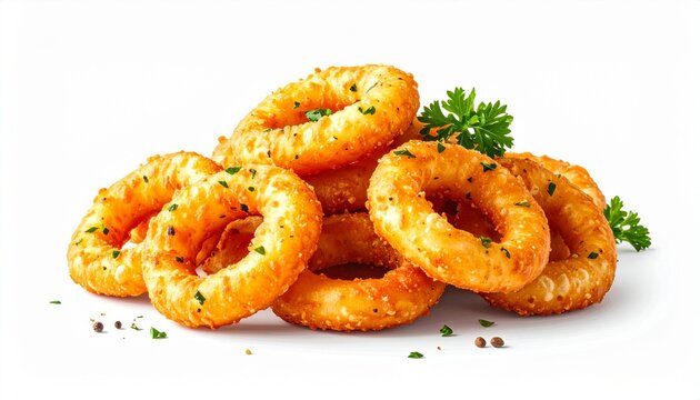 Golden crispy onion rings garnished with parsley for editorial culinary photography comfort food decor and poetic indulgence-themed visuals