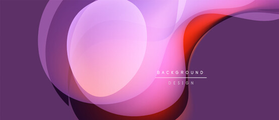Abstract shapes overlap, creating vibrant purple, pink hues. Modern design elements suggest fluidity, motion, depth. Background features text background, design.