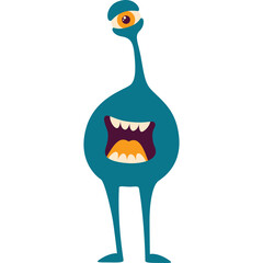 Whimsical Blue One Eyed Cartoon Monster with Wide Mouth and Sharp Teeth Standing on Two Legs Against White Background