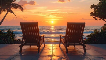 Pixelated Tropical Beach Sunrise With Two Empty Chairs Facing Ocean And Palm Trees On Both Sides With Dramatic Sky And Water Reflection