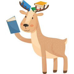 Whimsical Brown Deer Character Holding a Blue Book with Stacked Books on Antlers on Transparent Background