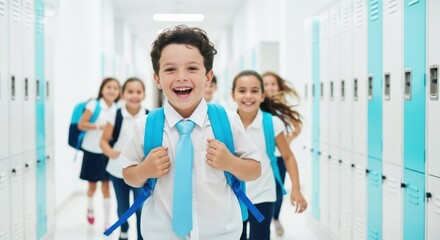 Happy students running down school hallway with backpacks and lockers